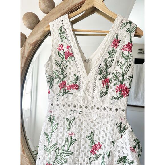 $750 PatBo Size Medium White Eyelet Floral Embroidery Asymmetrical Ruffle Midi - Picture 4 of 8